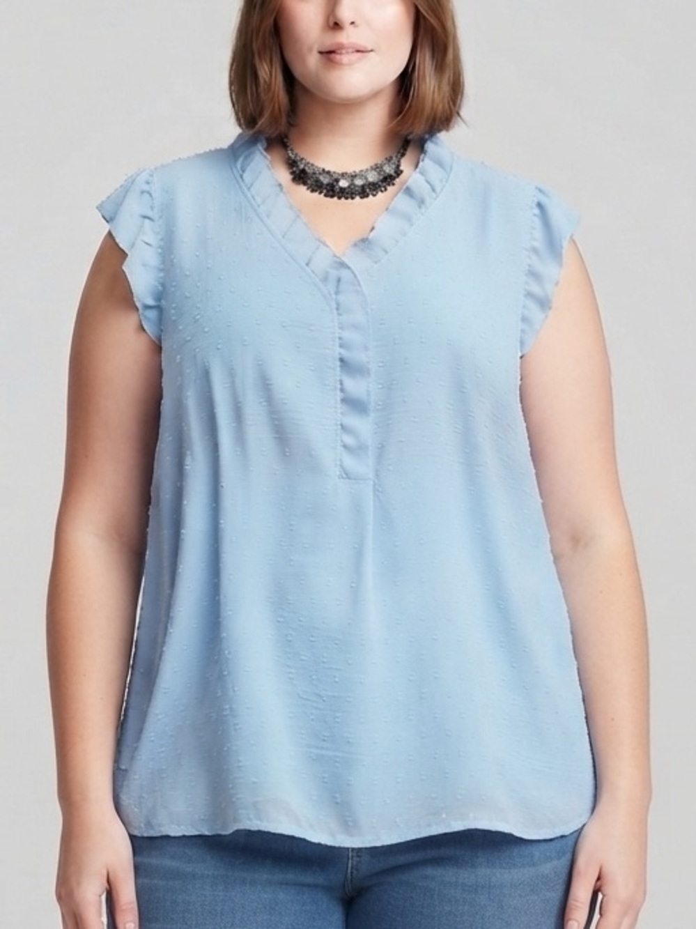 😍CLEARANCE - No Brand Light Blue Swiss Dot Ruffle Sleeves & Neckline Size 2X